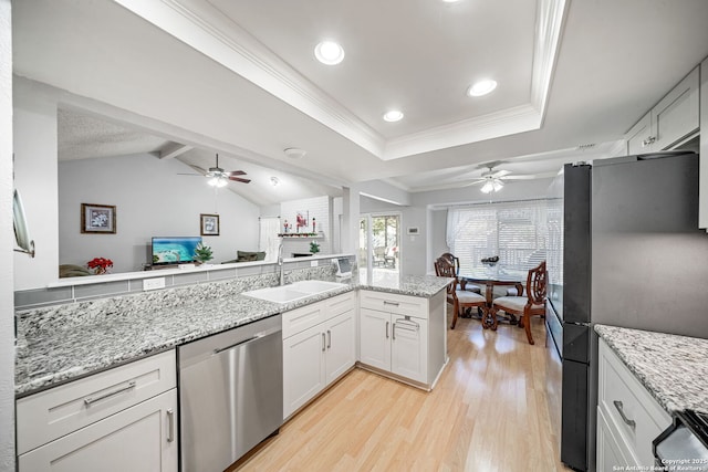 kitchen featuring light wood-style flooring, appliances with stainless steel finishes, a ceiling fan, and a sink