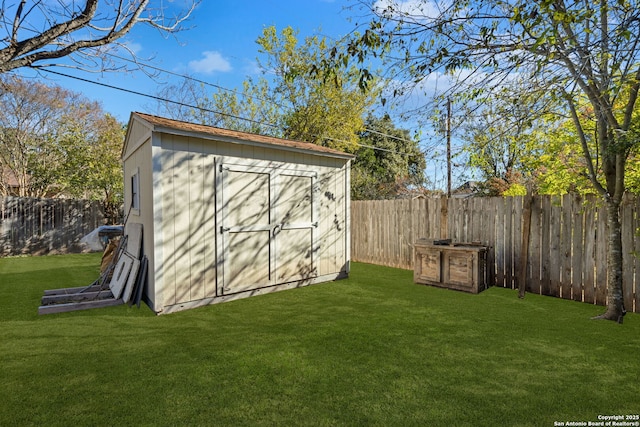 view of shed with a fenced backyard