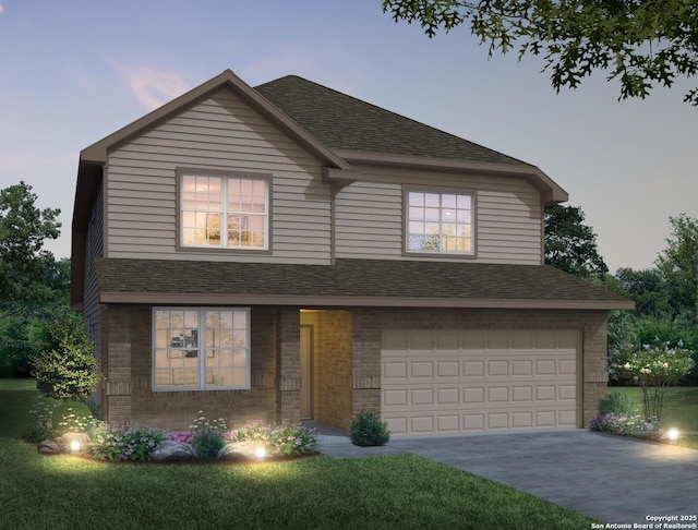 13817 Pinkston, San Antonio, TX 78252 - traditional-style house featuring concrete driveway, brick siding, an attached garage, a shingled roof, and a front yard