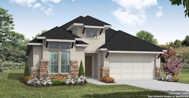 2907 Eagle Rise, San Antonio, TX 78245 - view of front of home with a garage, driveway, stone siding, a front yard, and stucco siding