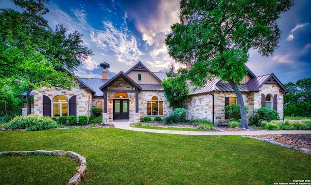 114 Riverwalk, Boerne, TX 78006 - craftsman-style home with a standing seam roof, french doors, a front yard, and metal roof