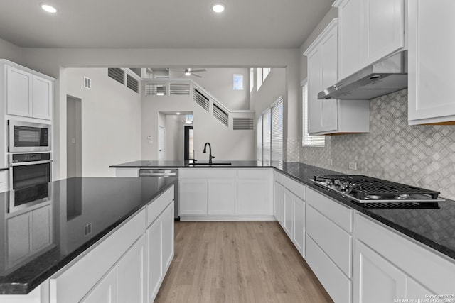 133 Bailey Blf, San Antonio, TX 78253 - kitchen featuring a sink, wall chimney range hood, appliances with stainless steel finishes, a ceiling fan, and a peninsula