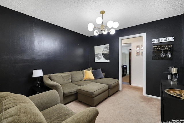 6807 Burnley, San Antonio, TX 78239 - carpeted living area featuring a chandelier, a textured ceiling, and baseboards