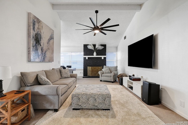 6807 Burnley, San Antonio, TX 78239 - living room featuring beamed ceiling, carpet floors, baseboards, a fireplace, and ceiling fan