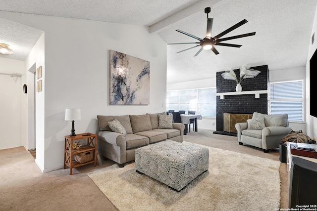 6807 Burnley, San Antonio, TX 78239 - living room with a textured ceiling, lofted ceiling with beams, ceiling fan, light carpet, and a fireplace