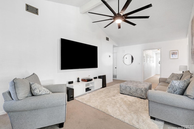6807 Burnley, San Antonio, TX 78239 - living room featuring high vaulted ceiling, ceiling fan, light carpet, beamed ceiling, and visible vents