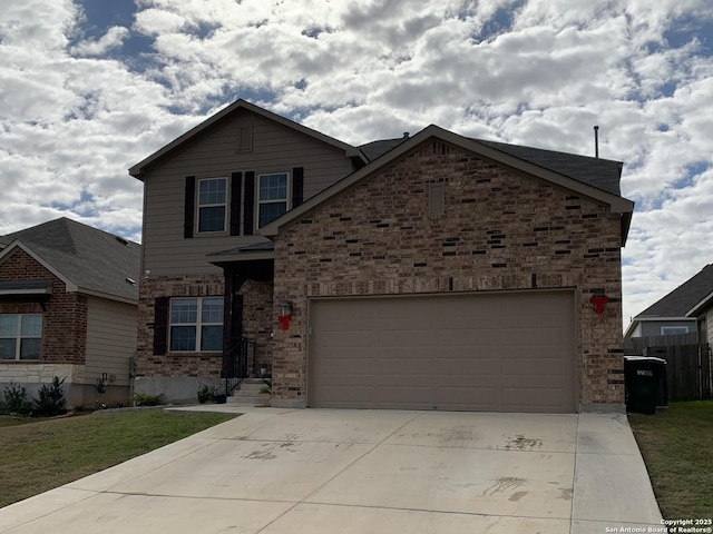 craftsman-style house with brick siding, driveway, a garage, and a front yard