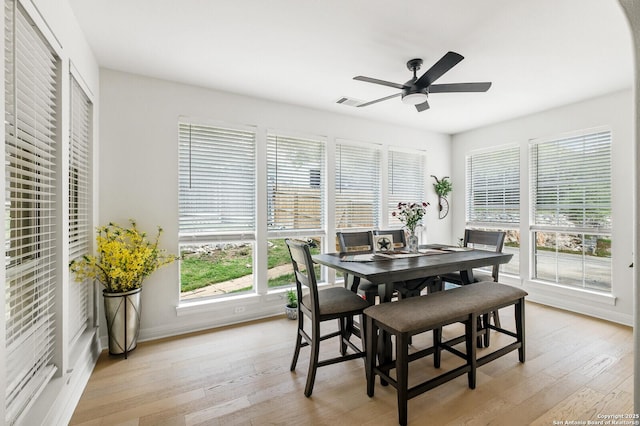 3110 Bonita Spgs, San Antonio, TX 78258 - dining area featuring light wood-type flooring, baseboards, ceiling fan, and visible vents