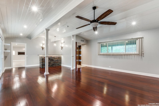 105 Parade, San Antonio, TX 78213 - unfurnished living room with a ceiling fan, hardwood / wood-style floors, wooden ceiling, visible vents, and ornate columns