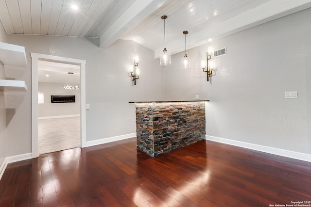 105 Parade, San Antonio, TX 78213 - bar with hardwood / wood-style floors, visible vents, a bar, baseboards, and lofted ceiling with beams
