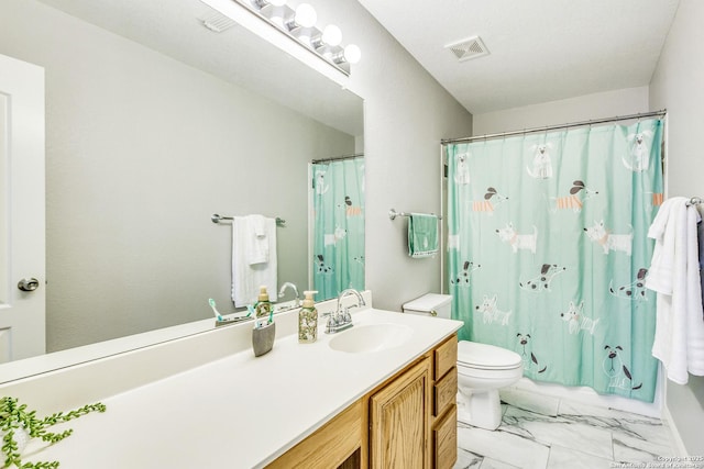 full bath featuring vanity, marble finish floor, toilet, a shower with shower curtain, and visible vents