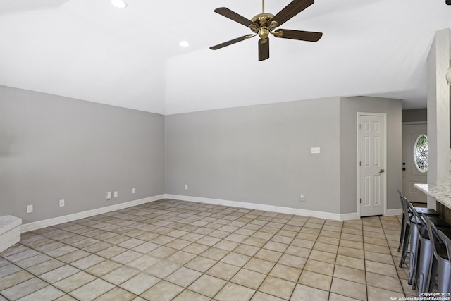 9400 Woodland Hls, San Antonio, TX 78250 - unfurnished living room with recessed lighting, lofted ceiling, a ceiling fan, and baseboards