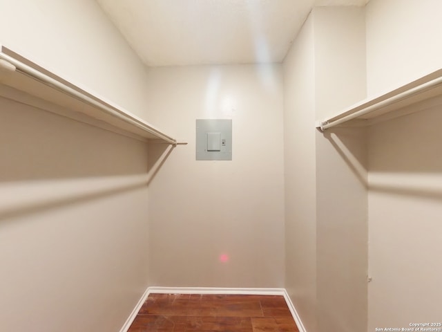 spacious closet with dark wood-style flooring