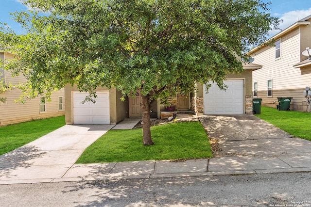 5103-5105 Flipper, San Antonio, TX 78238 - obstructed view of property featuring a front lawn, stone siding, concrete driveway, an attached garage, and stucco siding