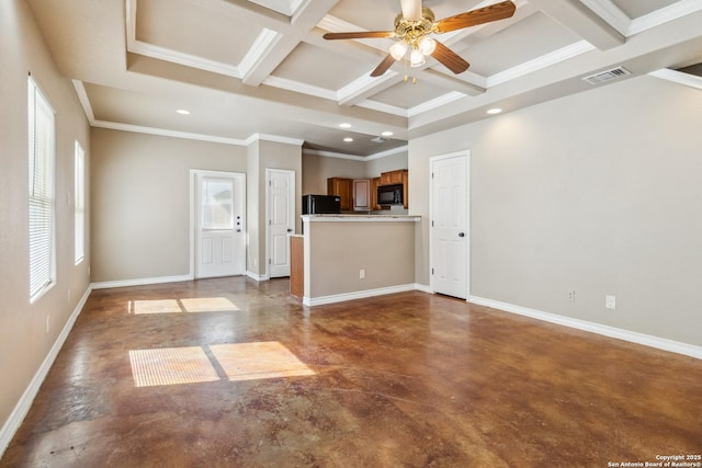 5103-5105 Flipper, San Antonio, TX 78238 - unfurnished living room with coffered ceiling, visible vents, beam ceiling, baseboards, and finished concrete flooring