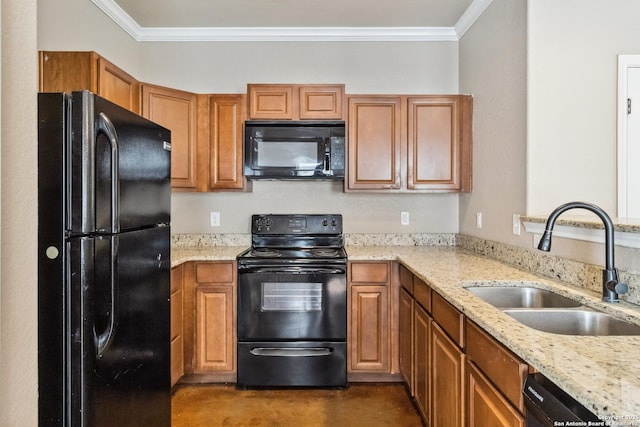 5103-5105 Flipper, San Antonio, TX 78238 - kitchen with black appliances, brown cabinets, crown molding, and a sink