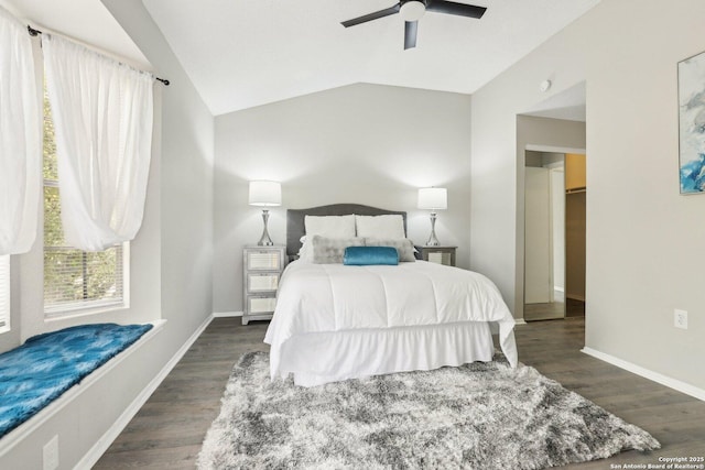 3654 Candlehead, San Antonio, TX 78244 - bedroom with ceiling fan, lofted ceiling, dark wood-style floors, and baseboards