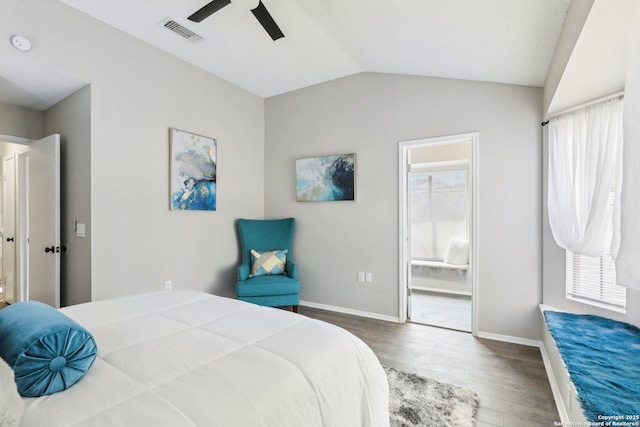 3654 Candlehead, San Antonio, TX 78244 - bedroom featuring baseboards, visible vents, lofted ceiling, wood finished floors, and ceiling fan