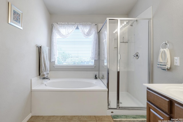 711 Point Spgs, San Antonio, TX 78253 - bathroom featuring a garden tub, vanity, tile patterned flooring, and a stall shower