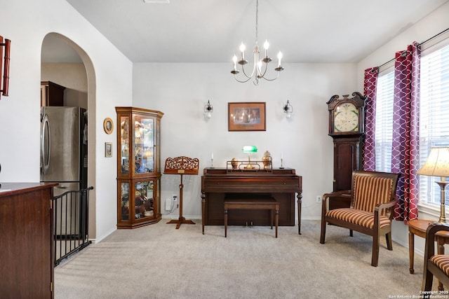 711 Point Spgs, San Antonio, TX 78253 - living area with an inviting chandelier, a wealth of natural light, carpet flooring, and arched walkways