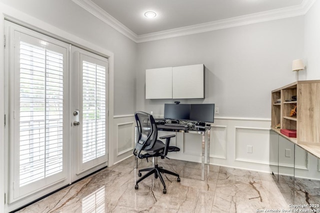 19111 Nature Oaks, San Antonio, TX 78258 - office space featuring wainscoting, marble finish floor, a decorative wall, and ornamental molding