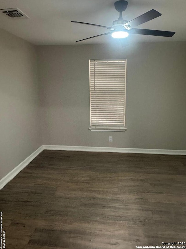 531 Cottonwood, San Antonio, TX 78225 - unfurnished room with visible vents, a ceiling fan, baseboards, and dark wood-style flooring
