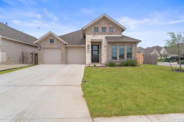 view of front of house with roof with shingles, fence, brick siding, an attached garage, and a front yard