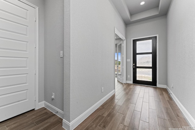 foyer featuring baseboards, dark wood-style flooring, and a tray ceiling