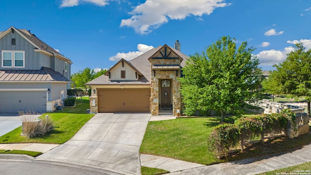 craftsman inspired home with stone siding, a chimney, concrete driveway, a shingled roof, and a front yard