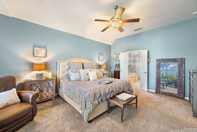 carpeted bedroom featuring connected bathroom, ceiling fan, baseboards, lofted ceiling, and visible vents