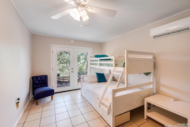 706 Gloria, Seguin, TX 78155 - bedroom featuring french doors, an AC wall unit, light tile patterned flooring, access to exterior, and ceiling fan