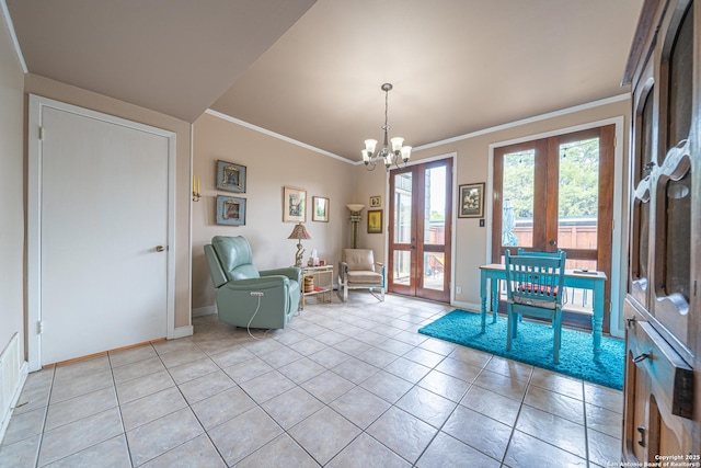interior space with an inviting chandelier, crown molding, french doors, and light tile patterned floors