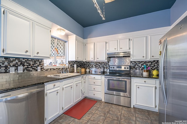 kitchen with under cabinet range hood, white cabinets, appliances with stainless steel finishes, and a sink