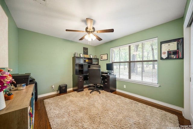 170 Pullman Rd, La Vernia, TX 78121 - office space with baseboards, visible vents, a ceiling fan, and dark wood-style floors