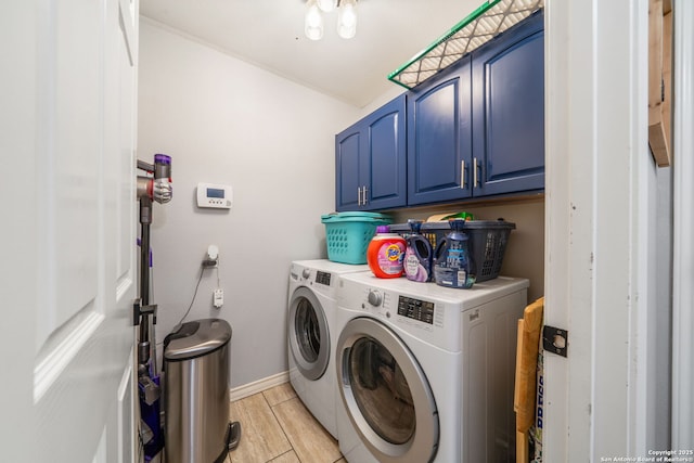 170 Pullman Rd, La Vernia, TX 78121 - laundry area featuring cabinet space, light wood-style floors, baseboards, and washer and dryer