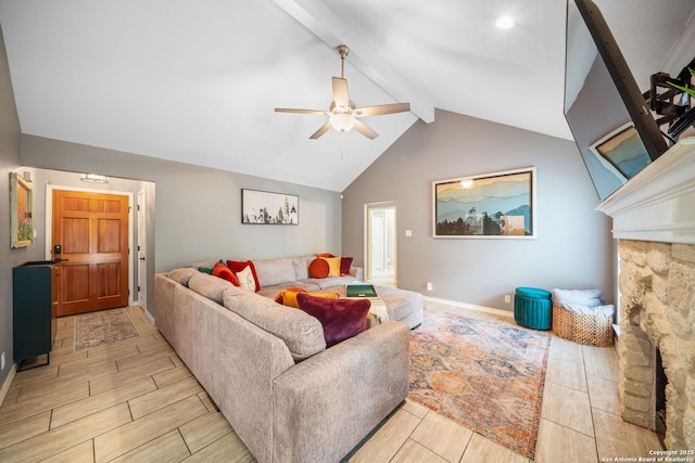 170 Pullman Rd, La Vernia, TX 78121 - living room featuring beamed ceiling, baseboards, a fireplace, wood finish floors, and ceiling fan