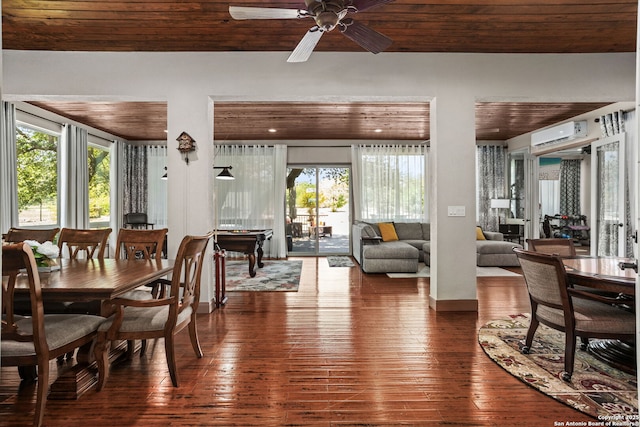 dining room featuring hardwood / wood-style floors, plenty of natural light, wooden ceiling, and ceiling fan