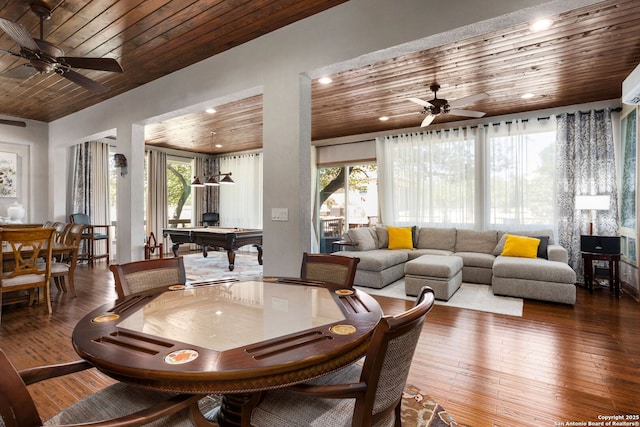 living area with wood ceiling, ceiling fan, hardwood / wood-style floors, and recessed lighting