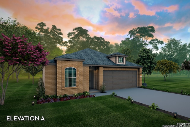 traditional-style home featuring brick siding, an attached garage, a front lawn, and driveway