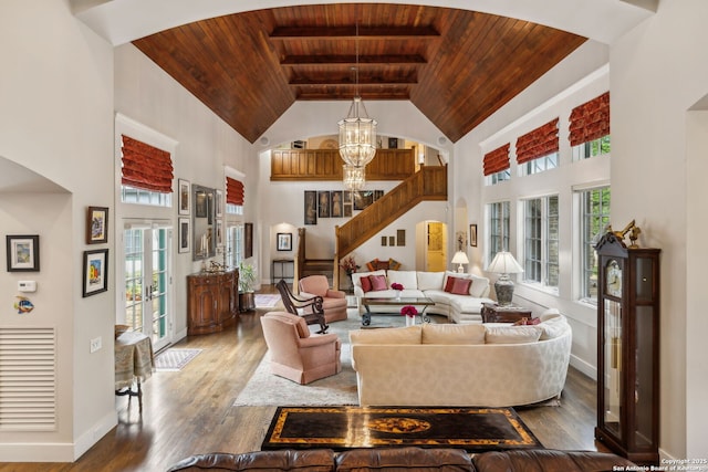 110 Turnberry Way, San Antonio, TX 78230 - living area featuring wooden ceiling, high vaulted ceiling, hardwood / wood-style floors, a chandelier, and baseboards