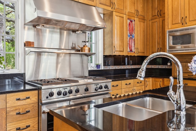110 Turnberry Way, San Antonio, TX 78230 - kitchen featuring appliances with stainless steel finishes, range hood, a sink, and healthy amount of natural light
