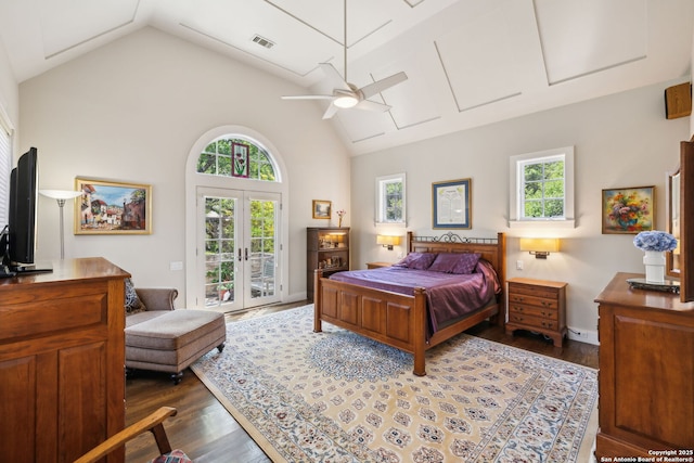 110 Turnberry Way, San Antonio, TX 78230 - bedroom featuring access to exterior, wood finished floors, multiple windows, ceiling fan, and high vaulted ceiling