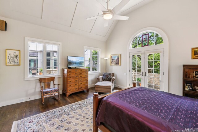 110 Turnberry Way, San Antonio, TX 78230 - bedroom with access to outside, french doors, wood finished floors, attic access, and high vaulted ceiling