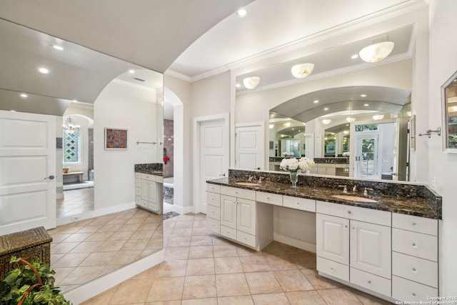 110 Turnberry Way, San Antonio, TX 78230 - full bathroom featuring ornamental molding, vanity, tile patterned floors, baseboards, and recessed lighting