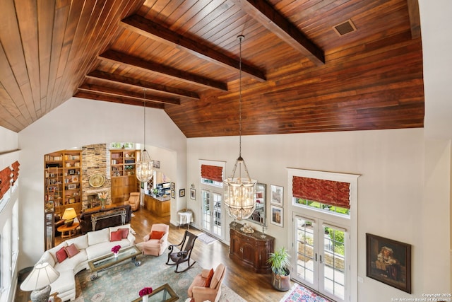 110 Turnberry Way, San Antonio, TX 78230 - living room featuring french doors, wood ceiling, a chandelier, healthy amount of natural light, and wood finished floors