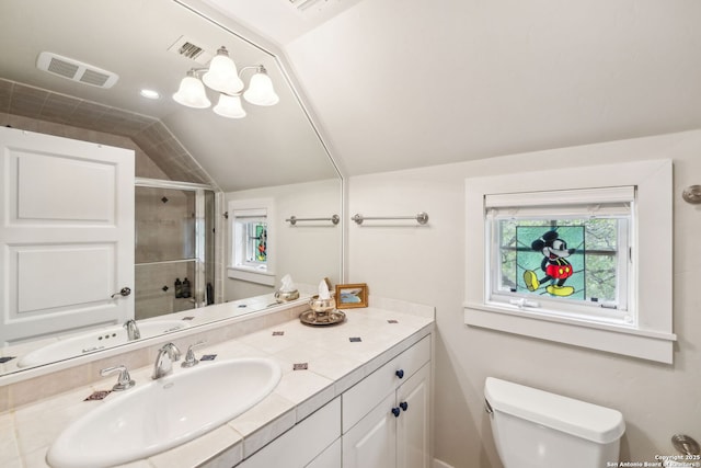 110 Turnberry Way, San Antonio, TX 78230 - full bathroom with toilet, lofted ceiling, vanity, and a shower with door
