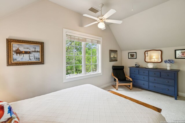 110 Turnberry Way, San Antonio, TX 78230 - bedroom with lofted ceiling, carpet flooring, baseboards, and ceiling fan