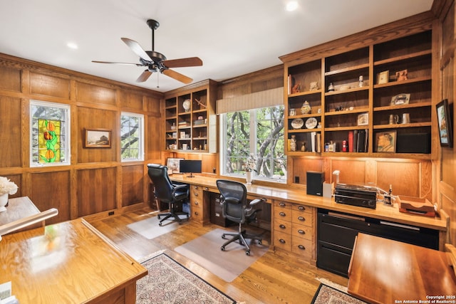 110 Turnberry Way, San Antonio, TX 78230 - office area with wood finished floors, a ceiling fan, built in study area, wooden walls, and recessed lighting