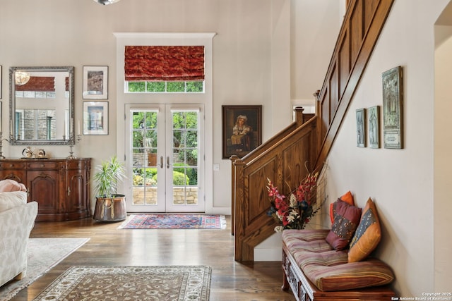 110 Turnberry Way, San Antonio, TX 78230 - foyer with stairway, wood finished floors, a high ceiling, and french doors