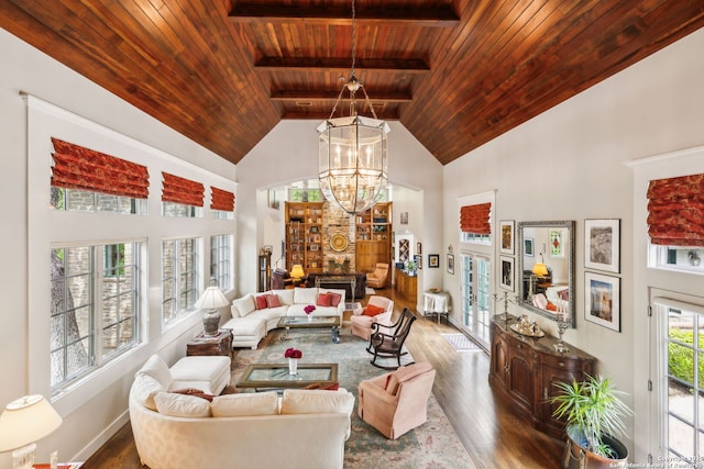 110 Turnberry Way, San Antonio, TX 78230 - living room with wood ceiling with exposed beams, wood finished floors, a chandelier, and high vaulted ceiling